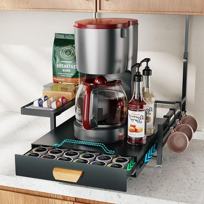 GSlife Sliding Coffee Pod Drawer for Under Cabinet - Large Metal Coffee Maker Rack with Pod Storage Drawer, 42 Pod Capacity, Black