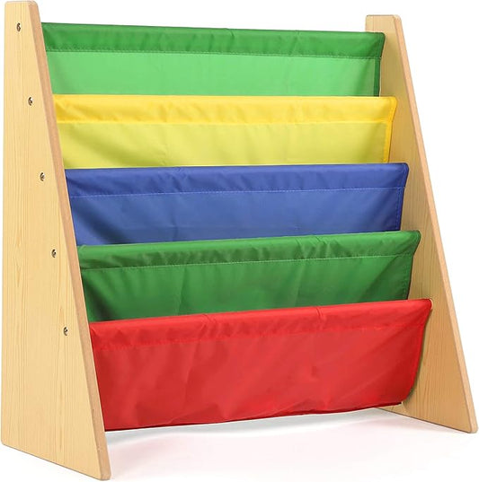 Humble Crew 4-Tier Kids Bookshelf, Natural Wood/Primary - Premium Book Shelf for Kids Rooms with Four Deep Pockets - Toddler Sling Book Rack with Deep Sleeves, Nursery Bookcase Organizer