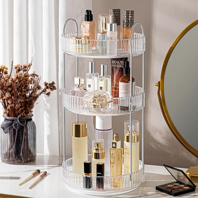 ALUYUYO 360° Rotating Makeup Organizer for Vanity, Spinning Cosmetics Organizer Holder Rack, Large Capacity Bathroom Organizer Countertop, Fits Perfume, SkinCare, Makeup Brushes 3 Tiers, Transparent