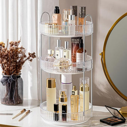 ALUYUYO 360° Rotating Makeup Organizer for Vanity, Spinning Cosmetics Organizer Holder Rack, Large Capacity Bathroom Organizer Countertop, Fits Perfume, SkinCare, Makeup Brushes 3 Tiers, Transparent