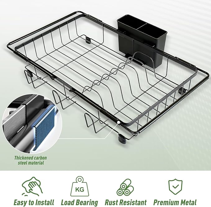 KUK Dish Drying Rack in Sink, Expandable Stainless Steel Over The Sink Dish Rack with Cutlery Holder & Cup Holders, Large Kitchen Racks for Dishes Vegetables Fruits (Black)