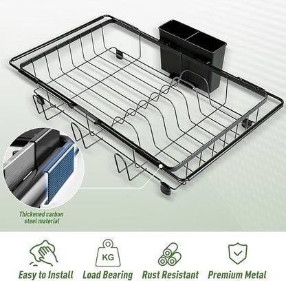KUK Dish Drying Rack in Sink, Expandable Stainless Steel Over The Sink Dish Rack with Cutlery Holder & Cup Holders, Large Kitchen Racks for Dishes Vegetables Fruits (Black)