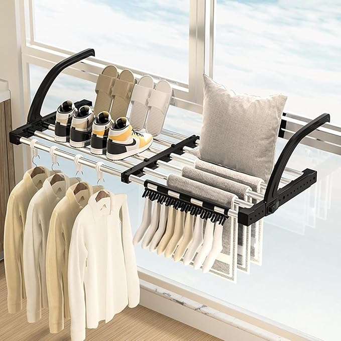 Portable Clothes Drying Rack for Balcony,29"x13" Foldable Railings Windowsill, Retractable Radiator Clothes Airer,Folding Towel Rack Indoor Outdoor Travel RV Laundry Rack with Clips