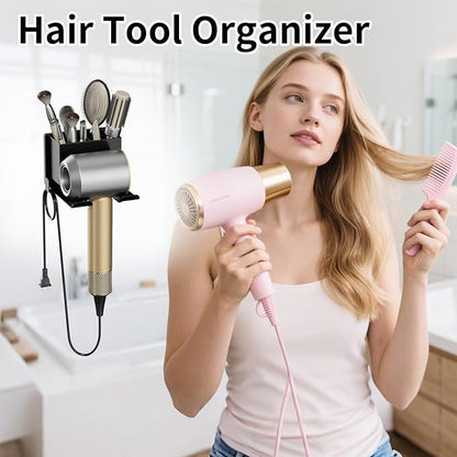 MAYZOLOP Hair Dryer Holder Wall Mounted, Hair Tools Organizer, Bathroom Space-Saving Blow Dryer Organizer Curling Irons Storage Wall Mounted Black (Self-Adhesive and Drilling)