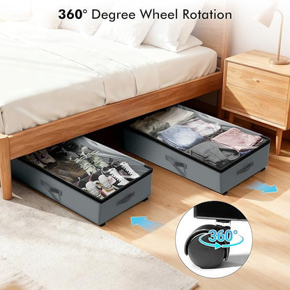 Vadmas 2-Pack Under Bed Storage Containers with Wheels, 75L Each Underbed Storage Organizer with Clear Handles, Collapsible Under Bed Storage Boxes for Clothes, Bedding, Max Load 80 LBS, Gray