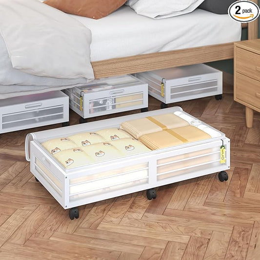 Bamboonova Bamboo Underbed Storage Containers with Wheels & Bag 2 Pack, Large Under Bed Rolling Storage Bins Wood Under Bed Clothes Storage Stackable Drawers for Bedroom Closet Under Crib Toy(White)