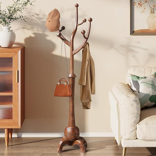 Wooden Coat Rack Freestanding with 8 Hooks, Heavy Duty Coat Hanger Stand with Stable Base, Vintage Coat Tree Standing Coat Racks for Entryway, Hallway, Bedroom (Walnut)