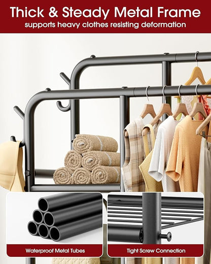 Clothes Rack - Double-Rod Clothing Rack with Built-In Hooks & Shelves, Multi-Functional Wardrobe Closet for Bedroom, Living Room, Entryway, 41.3" x 15.3" x 59.8", Black