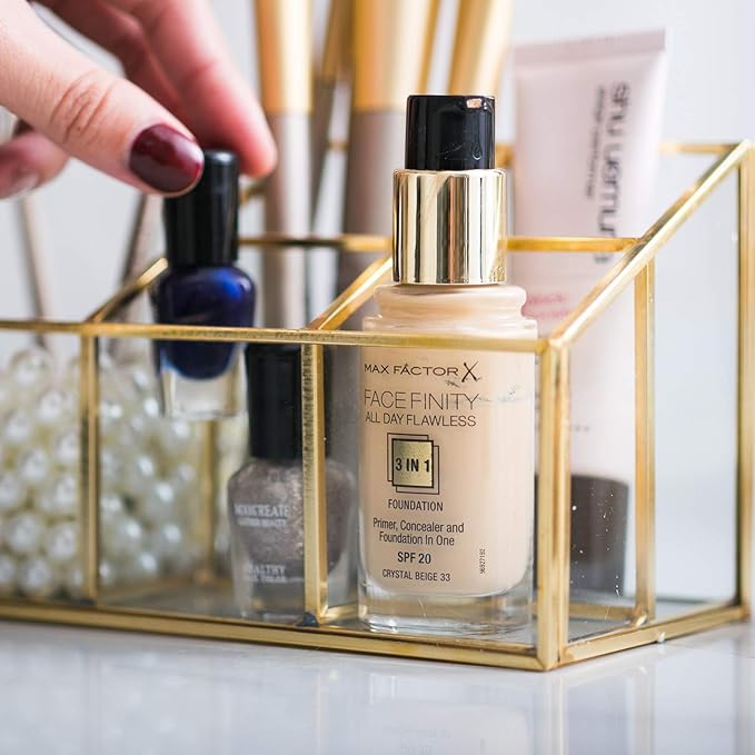 Golden Vintage Glass Box Clear Glass & Brass Metal Storage Jewelry and Cosmetic Makeup Brush Lipstick Holder Organizer Beauty Display with 5 Compartment