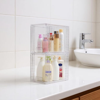 High Clear Stackable Storage Drawers(4 Pack), High-strength Plastic Organizer Bins with Handles for Skincare Bathroom Cabinet Vanity Undersink Kitchen Pantry BPA-Free Storage Containers