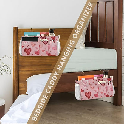 CuwrYet Bedside Caddy Hanging Bunk Bed Caddy Bed Organizer Hanging Pocket with 2 Hooks Bedside Storage Organizer Pocket Bag Holder Pink Cute Hearts