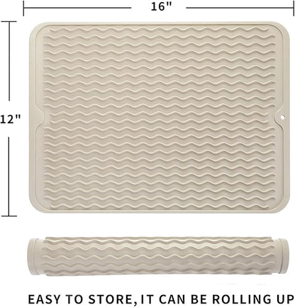 Silicone Dish Drying Mat for Multiple Usage,Easy clean,Eco-friendly,Heat-resistant Silicone Mat for Kitchen Counter or Sink,Refrigerator or drawer liner Tapioca L 16 inches x 12 inches