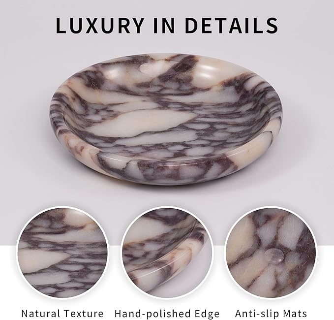 LWALMS Trinket Marble Jewelry Tray - Stone Ring Key Purse Holder Dish, Small Cute Round Plate Decorative Bowl for Nightstand Entryway Coffee Table Decor (5.5 inch)