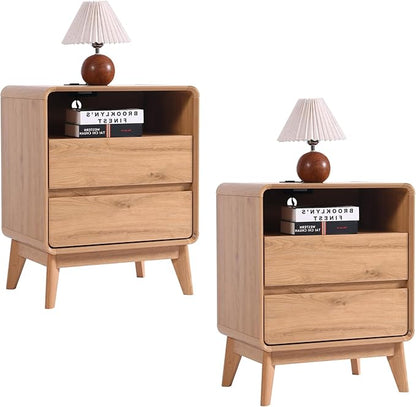 GlowVitaHome Nightstands Set of 2, Wood Bedside Tables with 2 Drawers and Open Storage, Accent End Tables with Solid Wood Legs for Bedroom,Nature