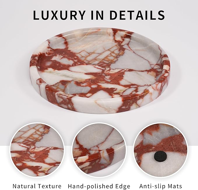 LWALMS Marble Perfume Jewelry Tray - Stone Trinket Ring Key Purse Holder Dish, Round Plate Decorative Bowl for Nightstand Entryway Coffee Table Decor (7.9 inch)