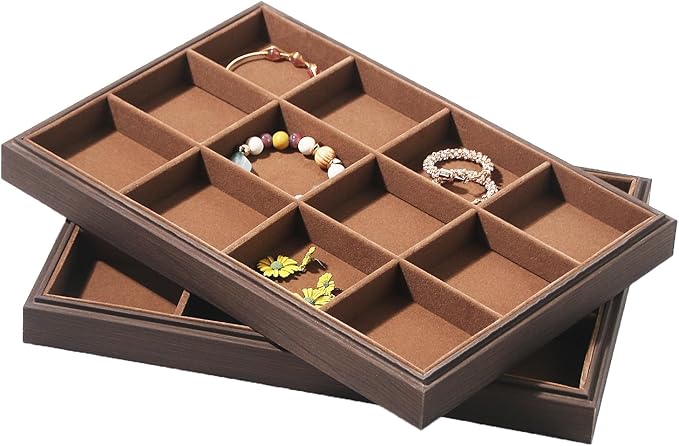 2Pcs/Set Wood Jewelry Organizer Tray, Stackable 12 Grid Jewelry Display Tray for Drawer, Rings Earring Storage Case, Necklace Accessories Display Holder for Store Selling or Home Show