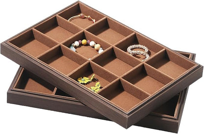 2Pcs/Set Wood Jewelry Organizer Tray, Stackable 12 Grid Jewelry Display Tray for Drawer, Rings Earring Storage Case, Necklace Accessories Display Holder for Store Selling or Home Show