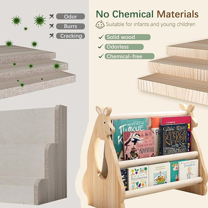 Double Sided Kids Bookshelf –2 Tier Portable Toddler Bookshelf,Book Shelf for Kids Rooms & Playroom,Wooden Montessori Baby Bookshelf,Toddler Book Display Shelves (Nature, Kangaroo)