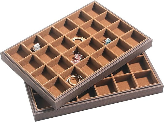 2Pcs/Set Wood Jewelry Organizer Tray, Stackable 24 Grid Jewelry Display Tray for Drawer, Rings Earring Storage Case, Necklace Accessories Display Holder for Store Selling or Home Show