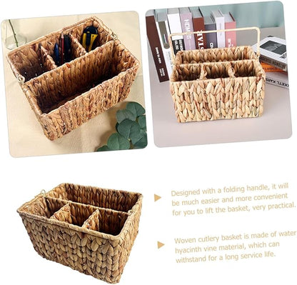Woven Straw Storage Basket for Kitchen Home Decor Utensil Organizer Multi-compartment Cutlery Holder Folding Handle Natural Style