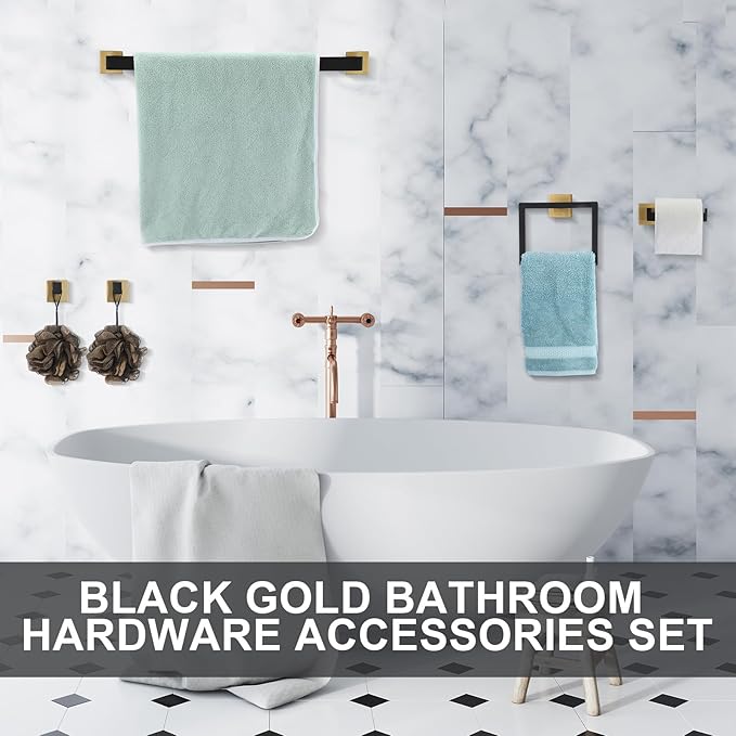Gisafai 15 Pcs Black Gold Bathroom Hardware Accessories Set 23.6 Inch Bath Towel Bar Kit Stainless Steel Bathroom Hardware Set Towel Racks Ring Robe Hooks Paper Holder for Wall Mounted