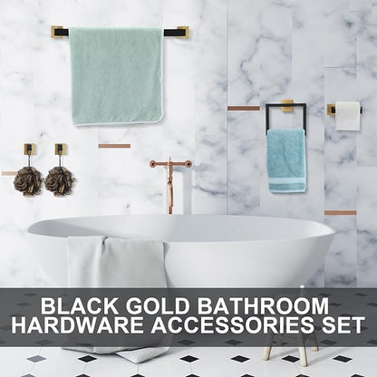 Gisafai 15 Pcs Black Gold Bathroom Hardware Accessories Set 23.6 Inch Bath Towel Bar Kit Stainless Steel Bathroom Hardware Set Towel Racks Ring Robe Hooks Paper Holder for Wall Mounted
