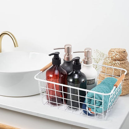 Wire Basket 4 Pcs Wire Storage Baskets Wire Baskets Organizing with Wooden Handles Wire Basket Pantry Organization and Storage Metal Wire Food Storage Basket for Kitchen, Cabinets (White 4PCS)