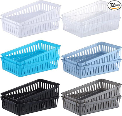 Wenqik Set of 12 Plastic Baskets for Organizing 10.24 x 6.5 x 2.36 Inch Rectangular Trays Plastic Organizer Bins Rectangle for Desk Organization (Multi Color)