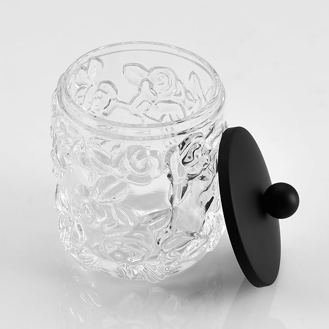 Indecor Home Clear Transparent Apothecary Floral Embossed Glass Jar With Matte Black Metal Lid Cover for Bathroom Organization, Cotton Balls, Q Tips, and Small Accessories, Bathroom Storage