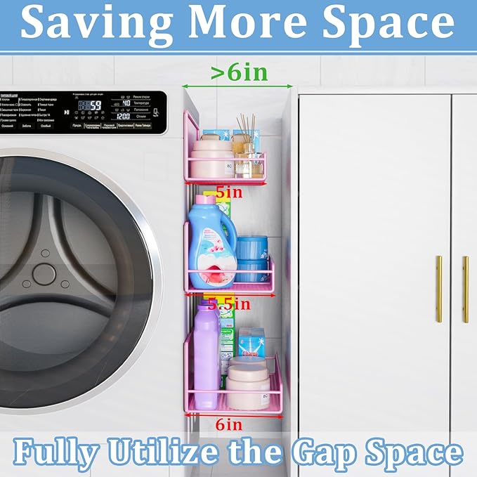 Magnetic Shelf for Washing Machine 4-Pack: Widen Magnetic Laundry Organizer (5"-6") with Hanger Organizer, Strong Magnet, Rust Proof, Heavy Duty Magnetic Spice Rack for Refrigerator (Pink)