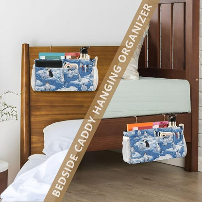 CuwrYet Bedside Caddy Hanging Bunk Bed Caddy Bed Organizer Hanging Pocket with 2 Hooks Bedside Storage Organizer Pocket Bag Holder Blue Penguins Ice Floes Snow Water