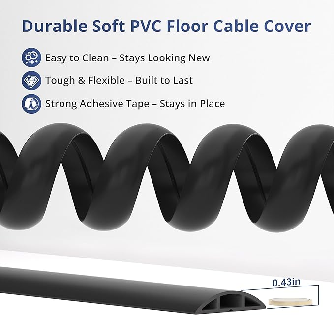 ZhiYo 10ft Cord Covers for Wires on Floor, Cord Hider Floor Hide Extension Cords, Soft PVC Cable Cover Cable Protector, Cable Cavity W0.62in H0.31in, Gray