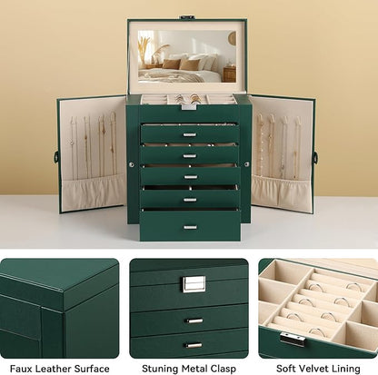 Frebeauty Large Jewelry Box,6-Tier PU Leather Jewelry Organizer,Multi-functional Storage Case with Mirror,Accessories Holder with 5 Drawers for Necklace Bracelets Watches(Blackish Green)