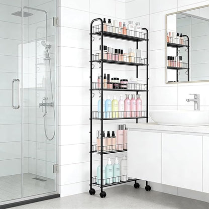 Slim Storage Cart with Wheels, 6-Tier 6in Black Narrow Rolling Shelf,Sturdy Slim Storage Ideal for Kitchen, Bathroom, and Laundry Room