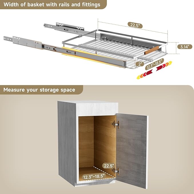 taiheis 2 Pack Expandable Pull Out Cabinet Organizer，Side Mounting 12.3~18.5"x22.5"Cabinet Pull Out Shelves, Expandable Slide Out Spice Rack for Kitchen Bathroom Office