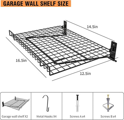 2 Pack Foldable Wall Shelf, Wall Mounted Garage Storage Shelves, Heavy Duty Wall Shelving Supports Up To 90 LBS. Floating Shelves With 4 Hooks Metal Storage Rack for Office, Kitchen and Laundry Room