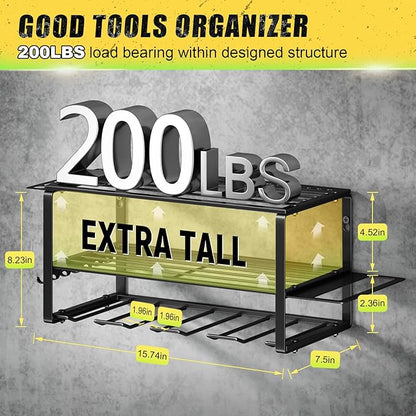 Power Tool Organizer Wall Mount - 200Lbs Load 3 Layers Storage Rack with 4 Drill Holders for Drills Cordless Tools. Heavy Duty Iron Garage Tool Organizer Storage for Workshop Shed Pegboard Basement