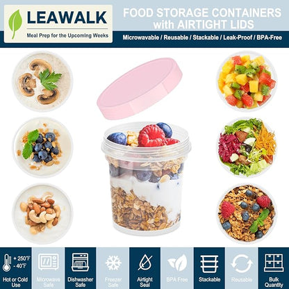 LEAWALK Twist Top Deli Containers, Plastic Soup Container With Lids,Freezer Food Storage BPA Free, Leak Proof, Stackable, Microwave Dishwasher Safe (Pink 16OZ-6Pack)