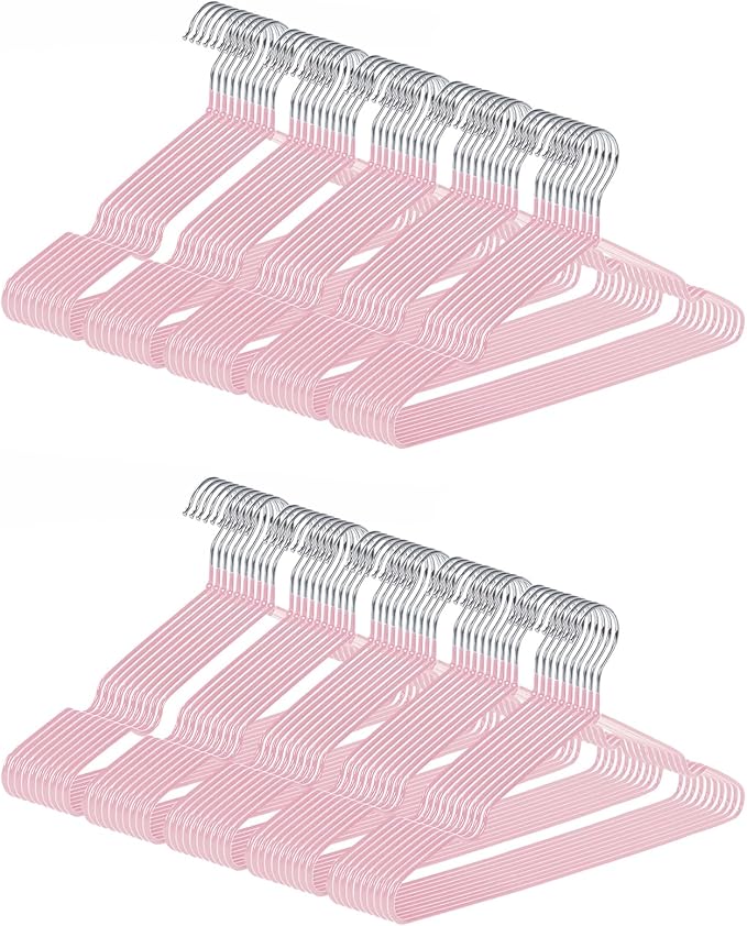 gofuch Ultra-Thin Metal Hangers, 100 Pack Non-Slip PVC Coated Space Saving Clothes Hangers for Closet, 16 inch Wide for Suits, Dresses, Jackets（Pink）