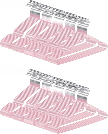 gofuch Ultra-Thin Metal Hangers, 100 Pack Non-Slip PVC Coated Space Saving Clothes Hangers for Closet, 16 inch Wide for Suits, Dresses, Jackets（Pink）