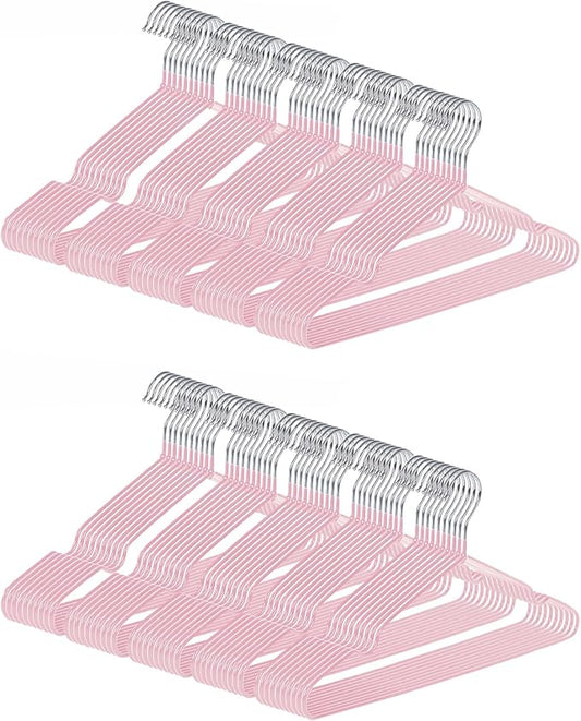 gofuch Ultra-Thin Metal Hangers, 100 Pack Non-Slip PVC Coated Space Saving Clothes Hangers for Closet, 16 inch Wide for Suits, Dresses, Jackets（Pink）