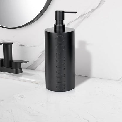 Indecor Home Matte Black Shampoo Dispenser Modern Refillable Pump Bottle with Embossed Text, Durable Resin Construction for Bathroom and Kitchen