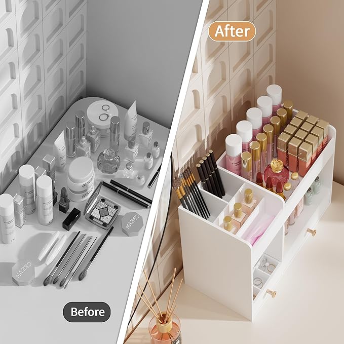 LONTAI Bamboo Makeup Organizer with Drawers, Cosmetic Storage for Lipstick Organizer Beauty Holder Skincare Organizer for Dresser Vanity Bathroom Countertop, No Assembly Required (White)