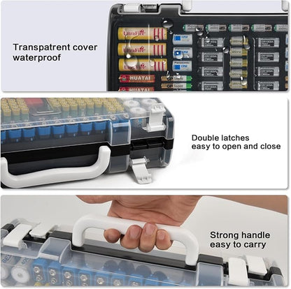 Battery Organizer Storage Holder Case with Double-Sided, Garage Box with Tester Checker. Batteries Container for 269pcs AA AAA AAAA 3A 4A 9V C D Lithium 4LR44 CR2 CR123A CR1632 CR2032 18650 - Black