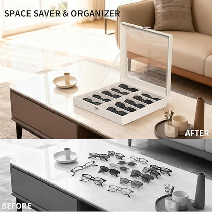 AUTOARK Large Top Glass Lid Sunglasses Organizer Case,10-Slot PU Leather Lockable Storage Box for Eyeglasses,Watch,Jewelry,Gift for Home,Beige,MKAW-113
