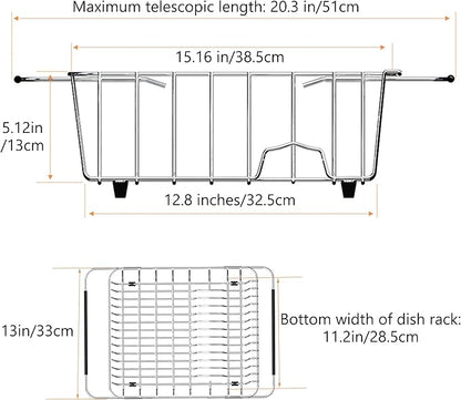 Stainless Steel Dish Drying Rack(15.2"L X 13"W X 5.8"H), Expandable Fruit & Vegetable Drain Rack over Sink, Dish Drainer Rack in Sink, with Stainless Steel Utensil Holder & Silicone Mat(16")