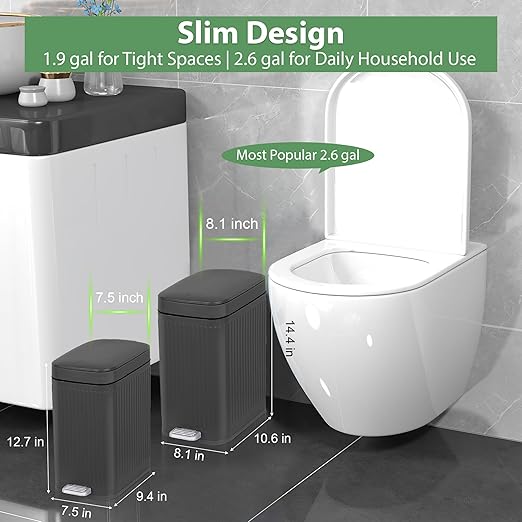 rejomiik Small Bathroom Trash Can with Lid Slim Soft Close Garbage Can Step Wastebasket Container Trash Bin for Office Bedroom Kitchen Living Room (1.9 Gallon Dark Gray)