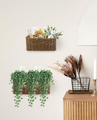AceList Wall Hanging Basket with Compartment, Woven Hanging Storage Baskets with Hooks - Set of 2, Boho Organizer for Toilet Tank, Bathroom, Kitchen, and Pantry Decor
