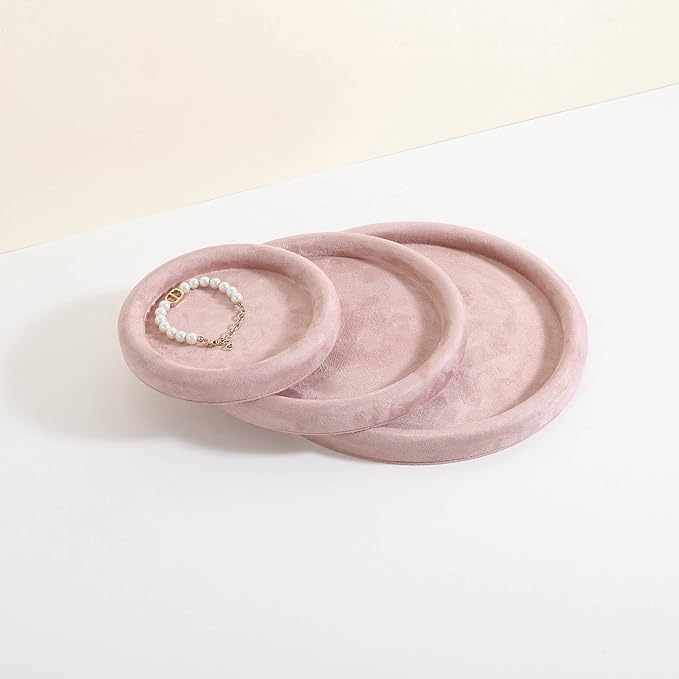 GemeShou Round Jewelry Organizer Plate, Top Microfiber Velvet Jewelry Display Tray, Empty Jewelry Showcase Tray for Necklaces, Bracelets, Rings, Earrings (Pink-Small, 5.9 x 5.9 in)