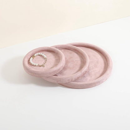 GemeShou Round Jewelry Organizer Plate, Top Microfiber Velvet Jewelry Display Tray, Empty Jewelry Showcase Tray for Necklaces, Bracelets, Rings, Earrings (Pink-Small, 5.9 x 5.9 in)